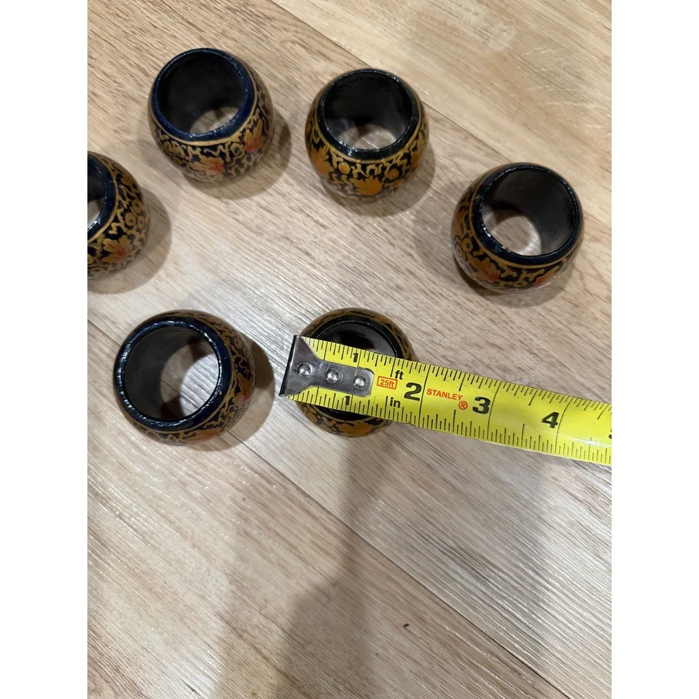 Vintage Hand Painted Lacquer Napkin Rings Set of 7 Black Gold Floral Kashmiri